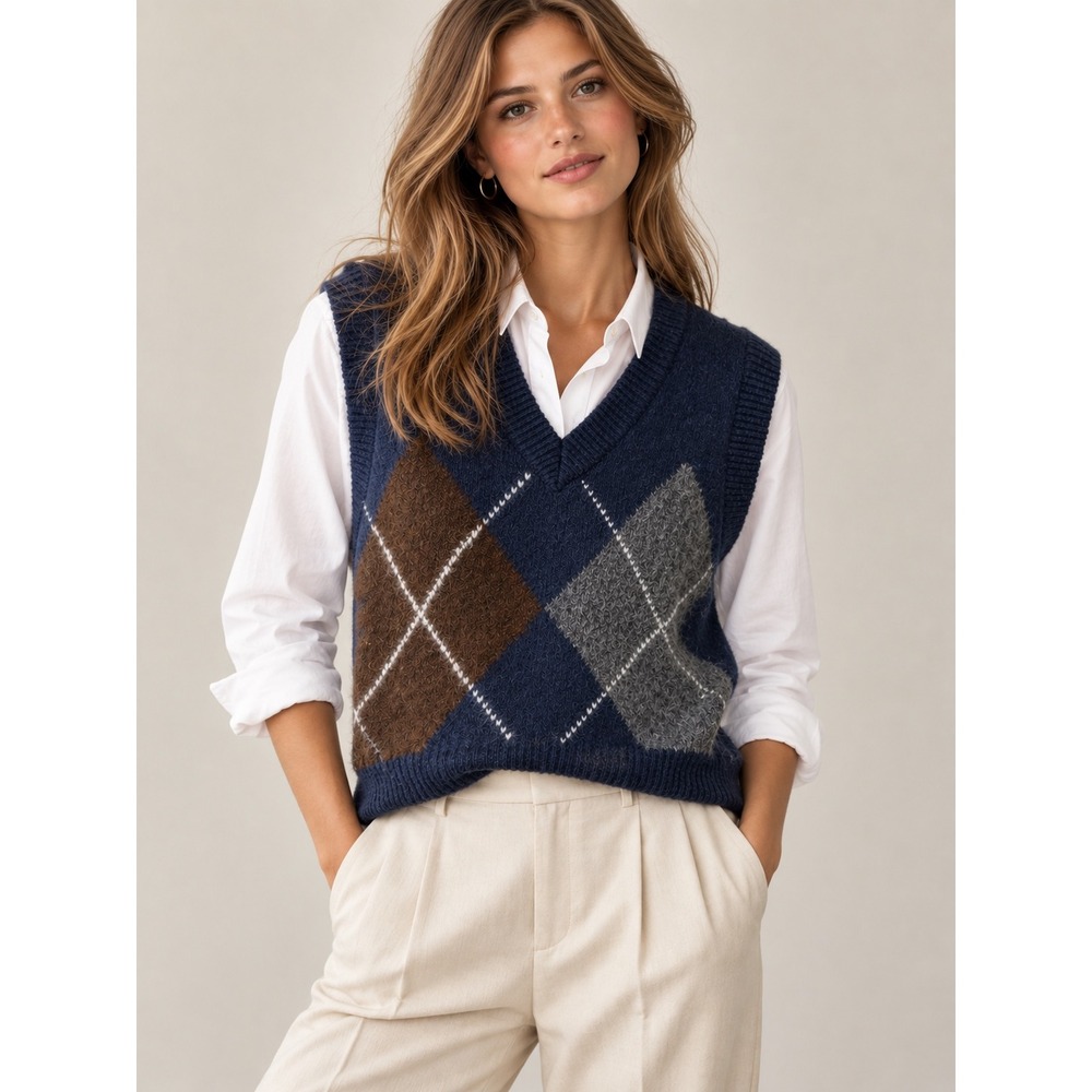 Zara Blue Old Money Argyle Sweater Vest, S